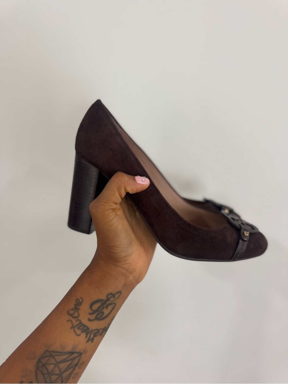 Tory Burch Dark Brown Suede Logo Heel Pumps - Picture 5 of 11